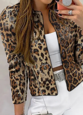 Leopard Print Sequined Personalized Outdoor Long-sleeved Blazer Jacket