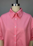 Fashion Lapel Single-Breasted Striped Short-Sleeved Mid-Length Shirt Top