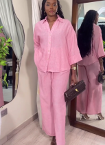 Stylish Lapel Collar Long-sleeved Shirt and High-waisted Straight-leg Pants Two-piece Set