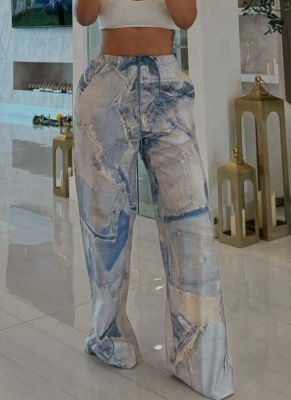 New Arrival Casual Loose Fit Printed Elastic Waist Drawstring Faux Denim Straight Leg Pants