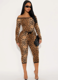 Autumn/Winter Leopard Print Off-Shoulder Lace Trim Crop Top and Capri Pants Set