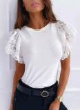 2026 Sexy Solid Color Round Neck Lace Short-Sleeved Top