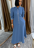 New Arrival Retro Casual Style Lapel Collar Zipper Long-Sleeve Faux Denim Dress