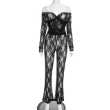 Lace Cutout Off-Shoulder One-Shoulder Top and High-Waisted Flared Pants Set
