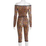 Autumn/Winter Leopard Print Off-Shoulder Lace Trim Crop Top and Capri Pants Set