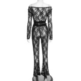 Lace Cutout Off-Shoulder One-Shoulder Top and High-Waisted Flared Pants Set
