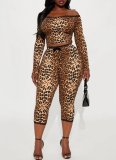 Autumn/Winter Leopard Print Off-Shoulder Lace Trim Crop Top and Capri Pants Set