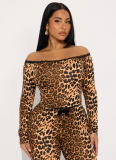 Autumn/Winter Leopard Print Off-Shoulder Lace Trim Crop Top and Capri Pants Set