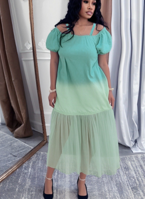 2026 New Arrival Mesh Panel Gradient Blue Off-Shoulder Strappy Denim Dress