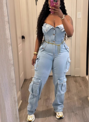 2025 Sexy Strapless Cardigan Buttoned Large Pocket Washed Denim Jumpsuit