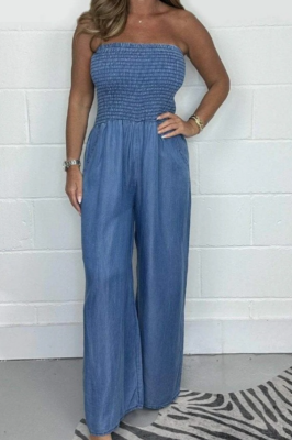 Stylish and Sexy Strapless Pleated Wide-leg Jumpsuit
