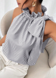 2026 Fashion Casual Sleeveless Striped Lace High-Neck Tie-Knot T-Shirt Top