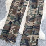 Autumn Camouflage Workwear Style Casual High-Waisted Wide-Leg Straight Jeans
