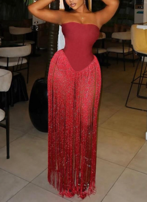 Sexy Backless High-Waisted Slim-Fit Strapless Jumpsuit with Tassels