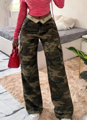 Autumn Camouflage Workwear Style Casual High-Waisted Wide-Leg Straight Jeans