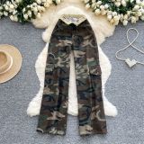 Autumn Camouflage Workwear Style Casual High-Waisted Wide-Leg Straight Jeans