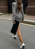 Autumn/Winter Solid Color Slim-Fit Deep V-Neck Waist-Defining Blazer Dress