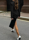 Autumn/Winter Solid Color Slim-Fit Deep V-Neck Waist-Defining Blazer Dress