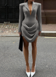 Autumn/Winter Solid Color Slim-Fit Deep V-Neck Waist-Defining Blazer Dress