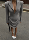 Autumn/Winter Solid Color Slim-Fit Deep V-Neck Waist-Defining Blazer Dress