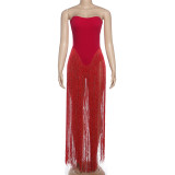 Sexy Backless High-Waisted Slim-Fit Strapless Jumpsuit with Tassels