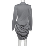 Autumn/Winter Solid Color Slim-Fit Deep V-Neck Waist-Defining Blazer Dress
