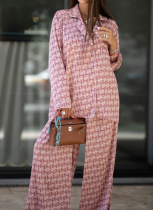 Fashion New Arrival Printed Lapel Long-Sleeve Top and Pants Two-Piece Set