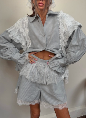 2026 New Arrival Striped Patchwork Lace Collar Flared Sleeve Top and Shorts Two-piece Set