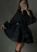 Stylish Black Long-sleeved A-line Dress With A Jeweled Collar and High Waist