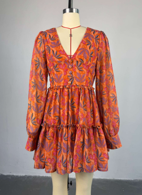 New Arrival Sweet and Fresh Printed V-Neck High-Waisted Slimming Dress