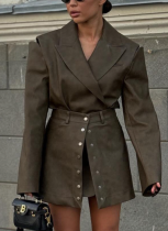 Stylish PU Leather Hollow-out Long-sleeved Top and Skirt Set