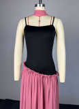 2026 Spring Sweet Spaghetti Strap Patchwork High-Waisted Slimming A-line Dress