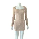 Sexy Sparkling Rhinestone Mesh Low-Cut Square Neck Long-Sleeve Fitted Bodycon Mini Dress