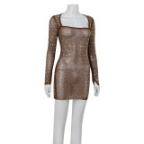 Sexy Sparkling Rhinestone Mesh Low-Cut Square Neck Long-Sleeve Fitted Bodycon Mini Dress