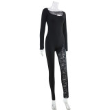 Fashionable Solid Color Square Neck Long-Sleeve Lace See-Through Patchwork Jumpsuit OY11630