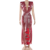 2026 Fashionable Shiny Sexy Deep V-Neck Slit Backless Dress with Ruffled Edges