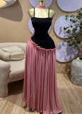 2026 Spring Sweet Spaghetti Strap Patchwork High-Waisted Slimming A-line Dress