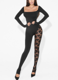 Fashionable Solid Color Square Neck Long-Sleeve Lace See-Through Patchwork Jumpsuit OY11630