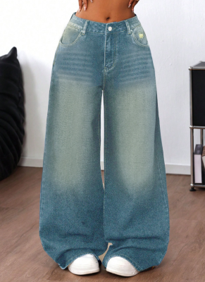 Blue Washed Loose Fit Distressed Wide-Leg Floor-Length Jeans