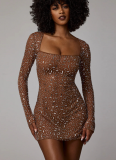 Sexy Sparkling Rhinestone Mesh Low-Cut Square Neck Long-Sleeve Fitted Bodycon Mini Dress