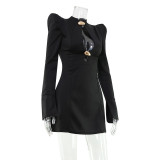 Fashionable Solid Color Stand-Up Collar Long-Sleeve Sexy Cutout Dress