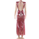 2026 Fashionable Shiny Sexy Deep V-Neck Slit Backless Dress with Ruffled Edges