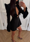 Fashionable Solid Color Stand-Up Collar Long-Sleeve Sexy Cutout Dress