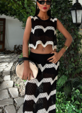 2026 Fashionable Slim-Fit Long-Sleeved Simple Wavy Stripe Knitted Cardigan Two-Piece Set