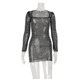 Sexy Sparkling Rhinestone Mesh Low-Cut Square Neck Long-Sleeve Fitted Bodycon Mini Dress