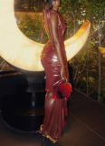 2026 Fashionable Shiny Sexy Deep V-Neck Slit Backless Dress with Ruffled Edges