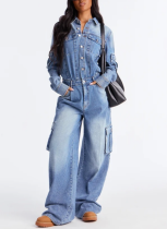 Casual Distressed Multi-Pocket Wide-Leg Denim Jumpsuit