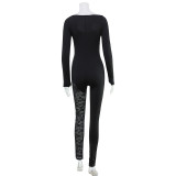 Fashionable Solid Color Square Neck Long-Sleeve Lace See-Through Patchwork Jumpsuit OY11630