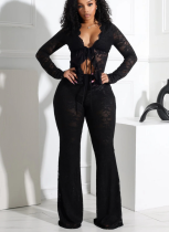 2026 Sexy Strappy Hollow-Out Cardigan Long-Sleeve Lace Top and Lace Pants Two-Piece Set