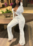 2026 Sexy Strappy Hollow-Out Cardigan Long-Sleeve Lace Top and Lace Pants Two-Piece Set